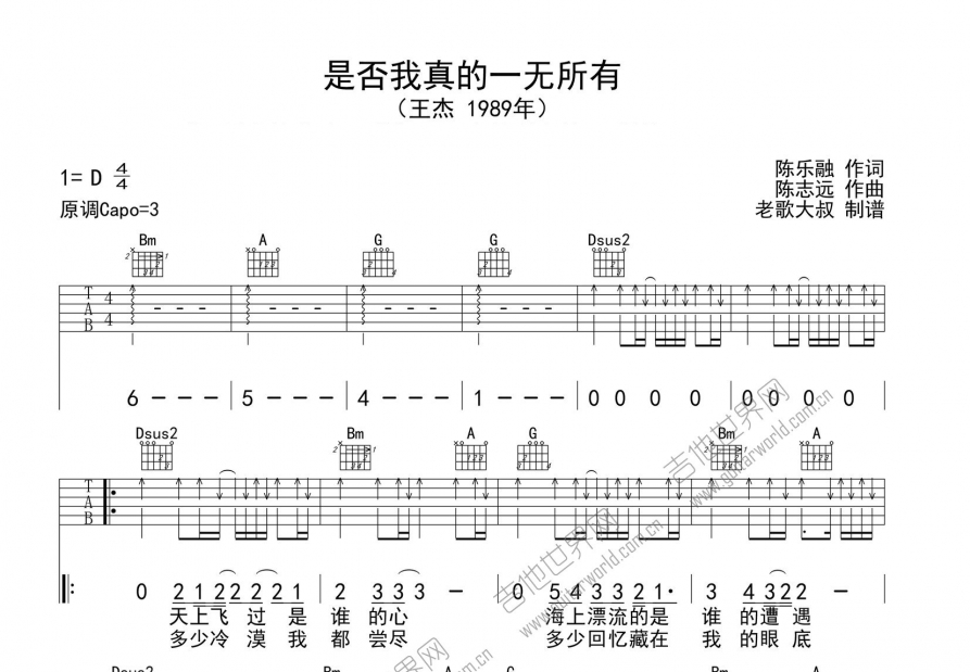 是否我真的一无所有吉他谱预览图