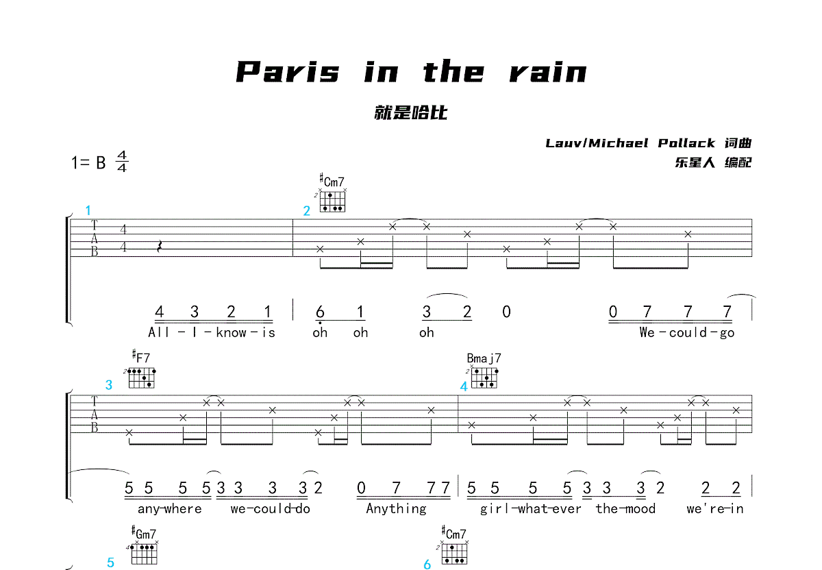 Paris in the rain吉他谱预览图