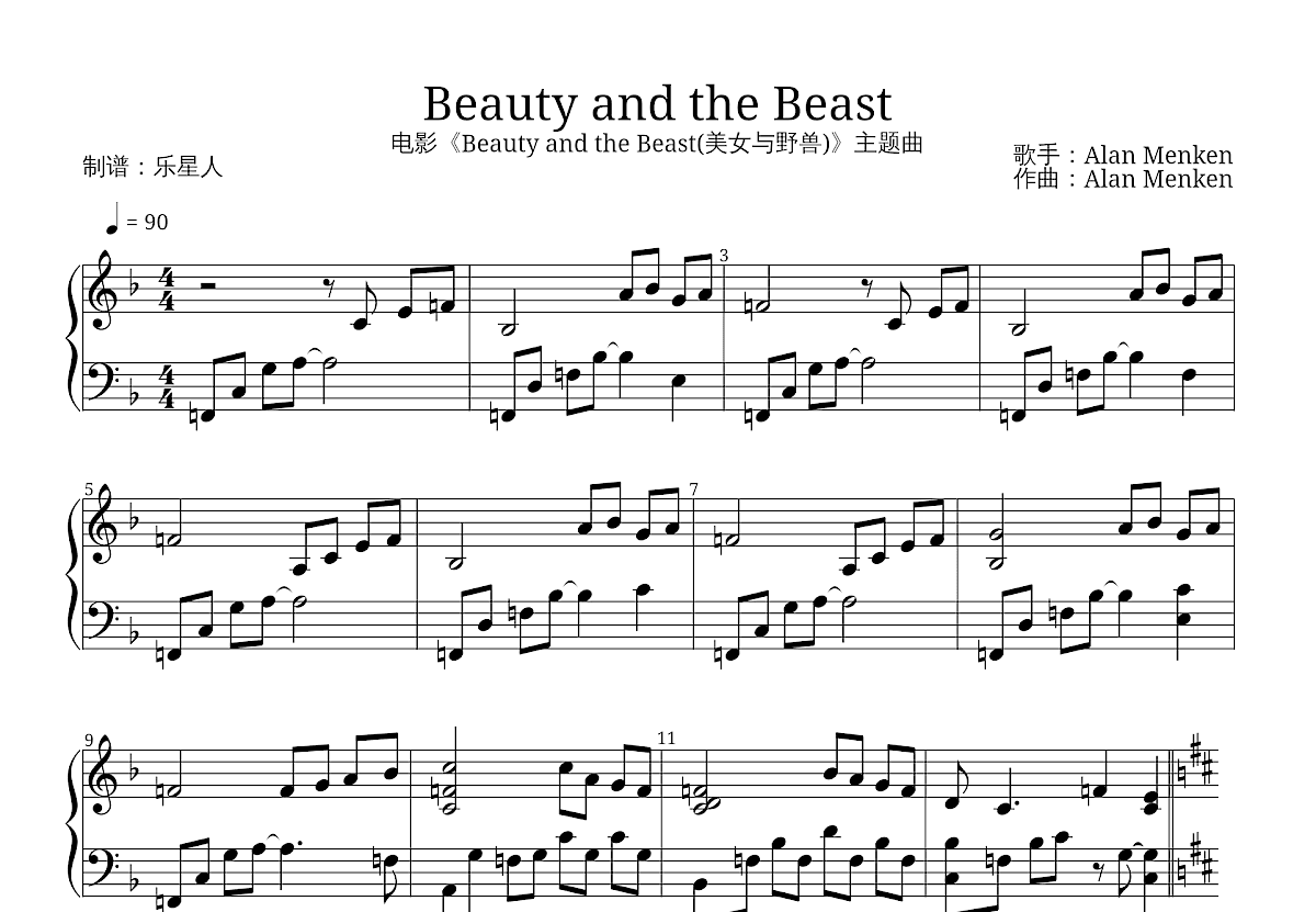 Beauty and the Beast五线谱预览图