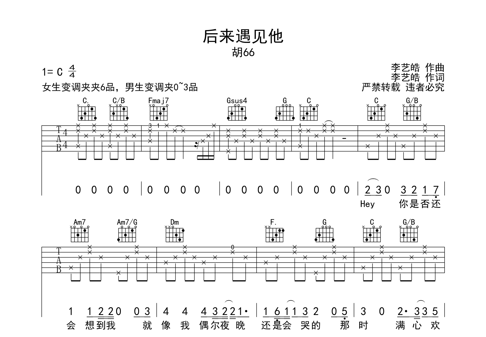 后来遇见他吉他谱预览图