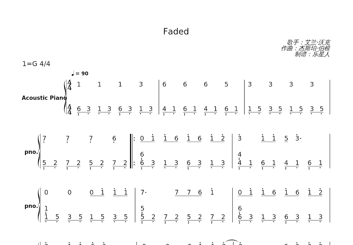 Faded简谱预览图