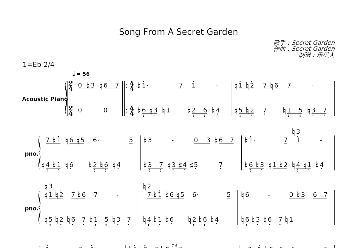 Song From A Secret Garden简谱预览图