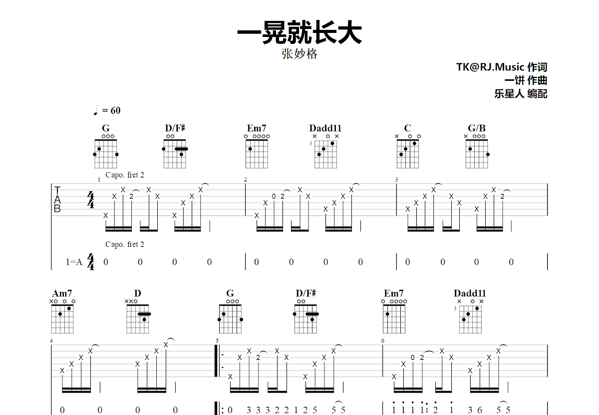 一晃就长大吉他谱预览图