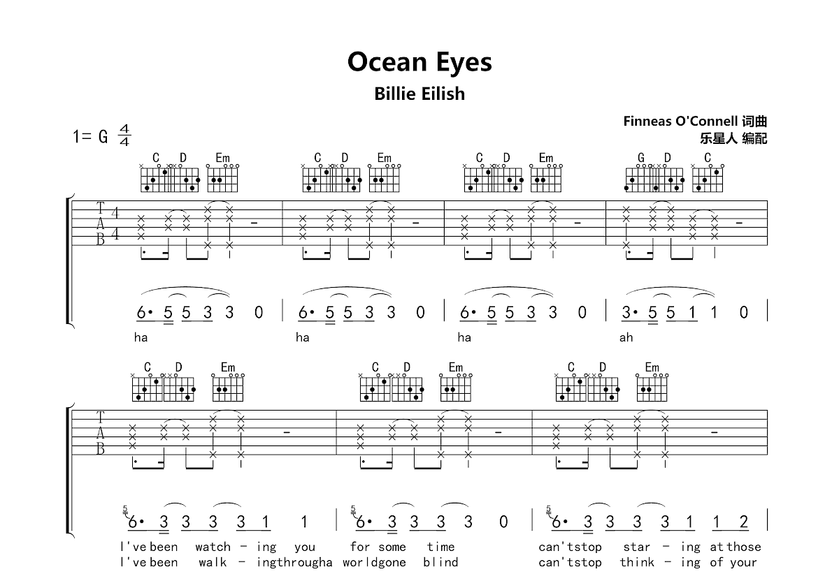 Ocean Eyes吉他谱预览图