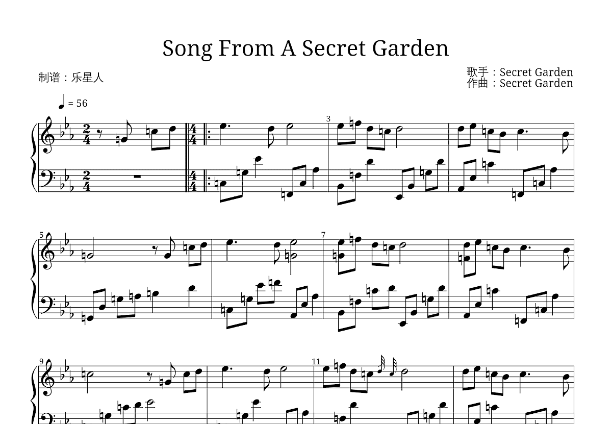 Song From A Secret Garden五线谱预览图