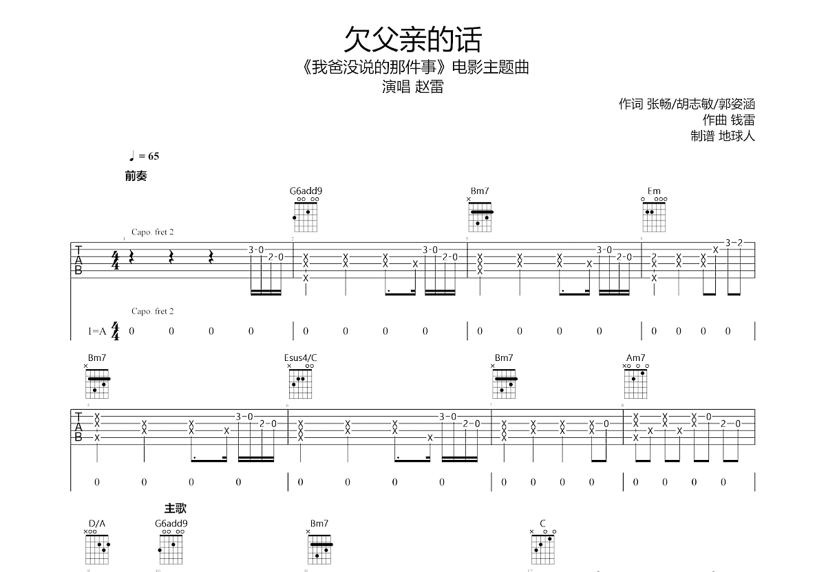 欠父亲的话吉他谱预览图