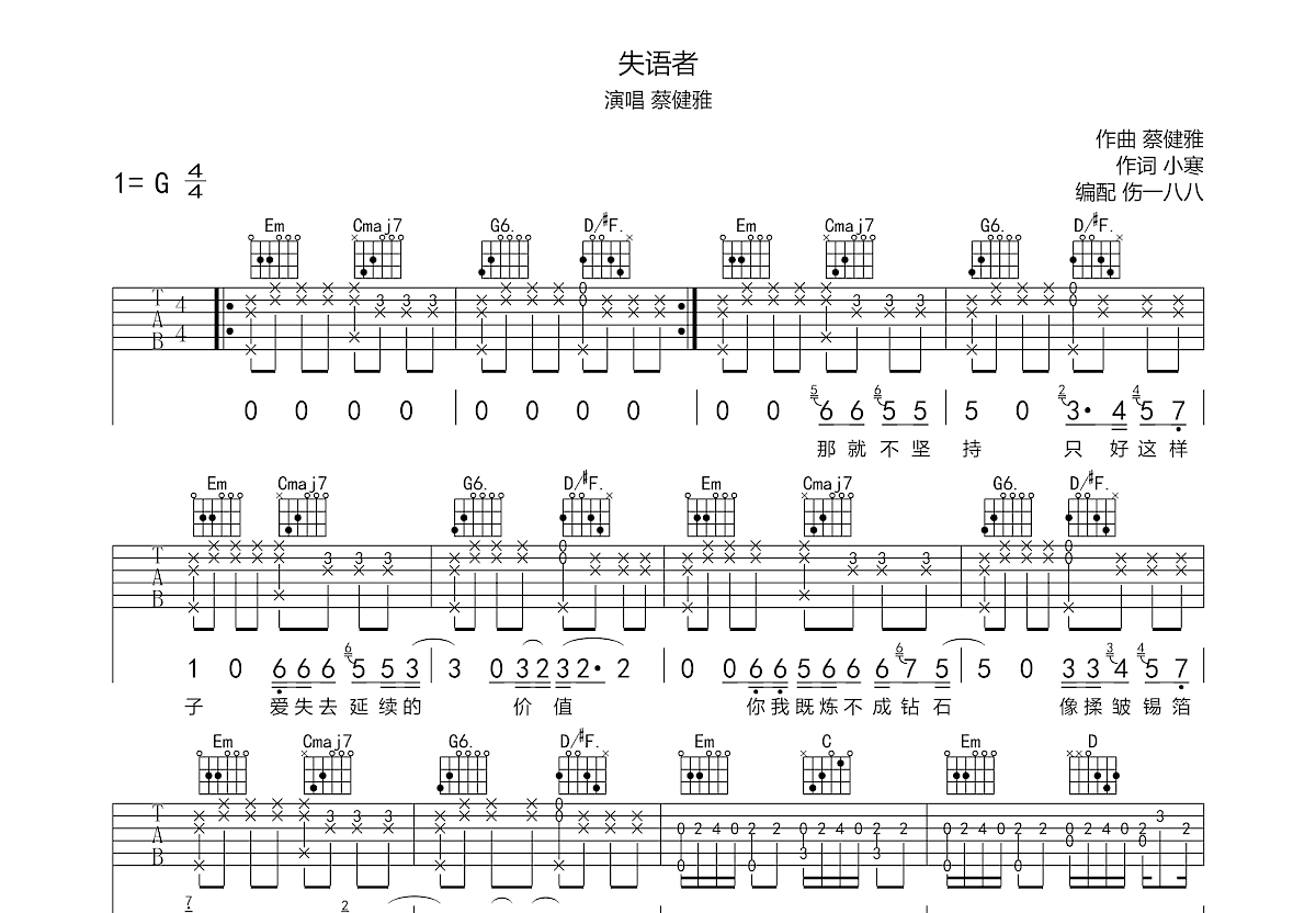 失语者吉他谱预览图