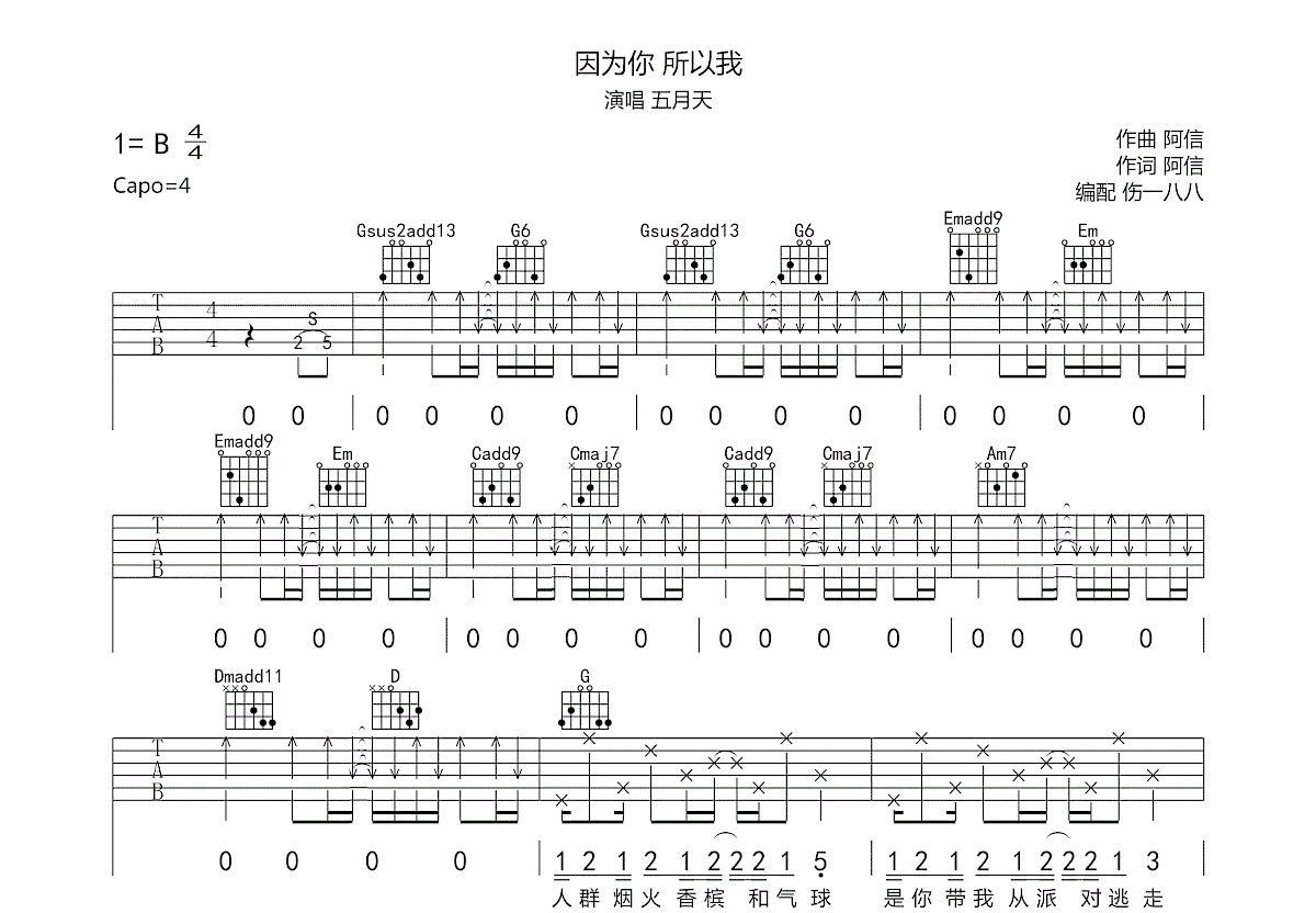 因为你 所以我吉他谱预览图