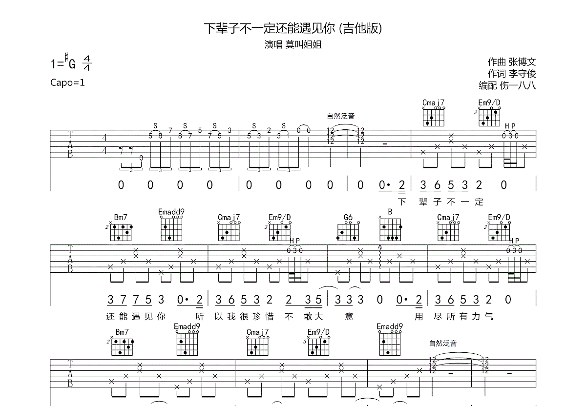 下辈子不一定还能遇见你吉他谱预览图