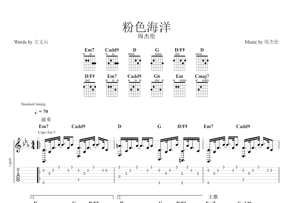 粉色海洋吉他谱预览图