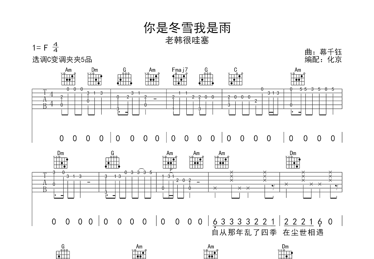 你是冬雪我是雨吉他谱预览图