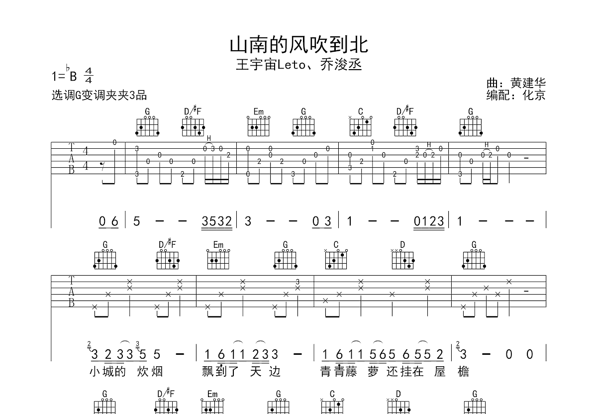 山南的风吹到北吉他谱预览图