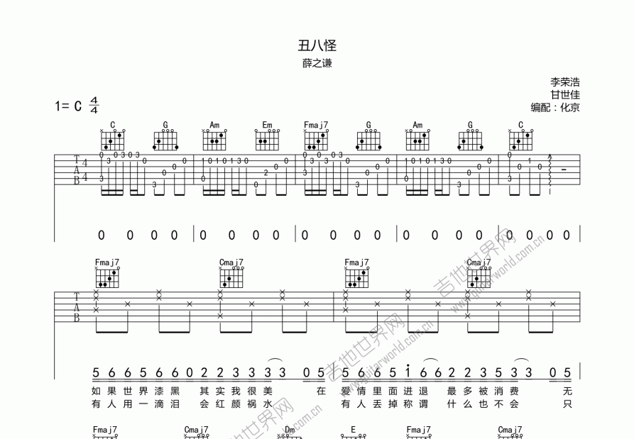 丑八怪吉他谱预览图