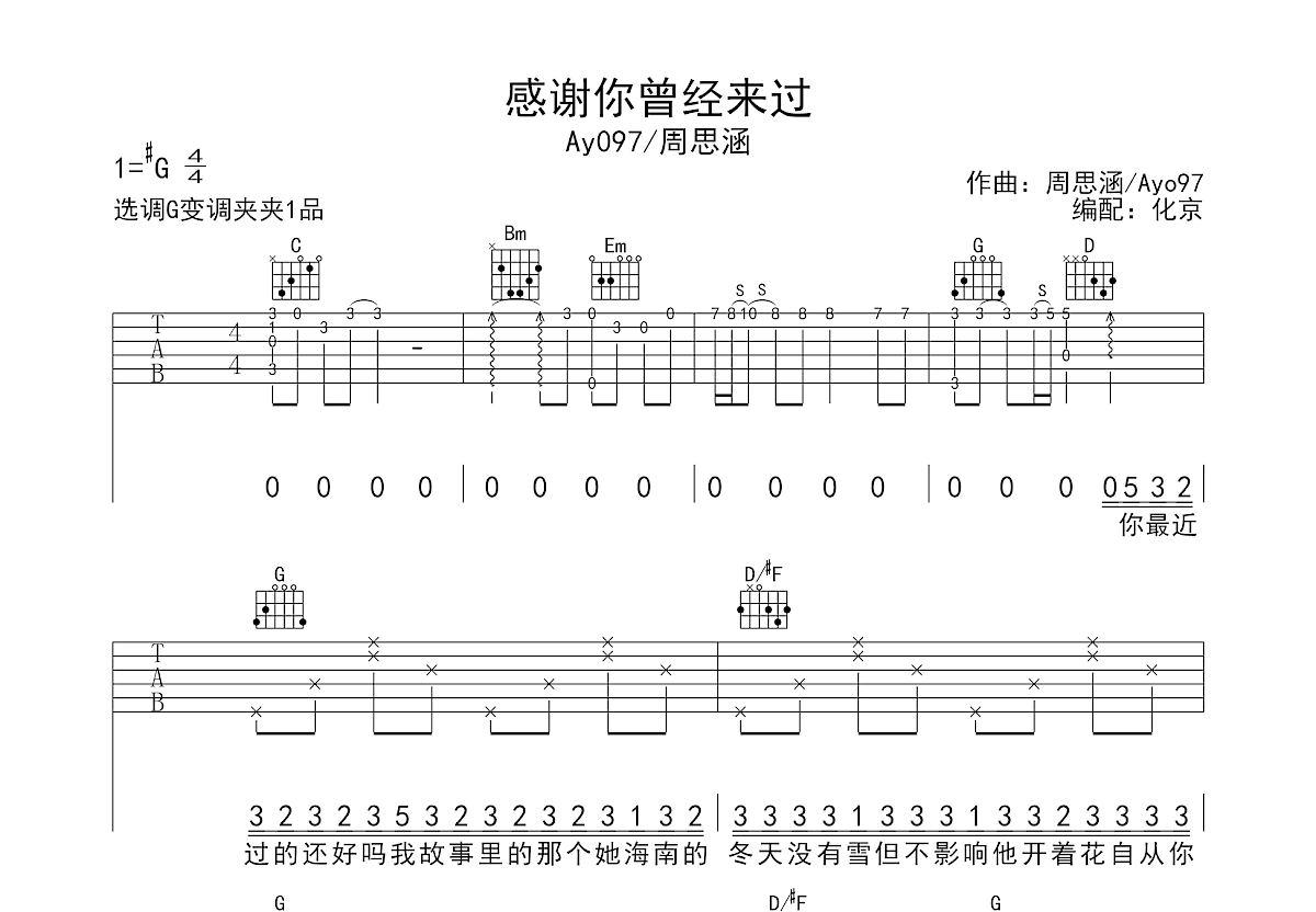 感谢你曾来过吉他谱预览图