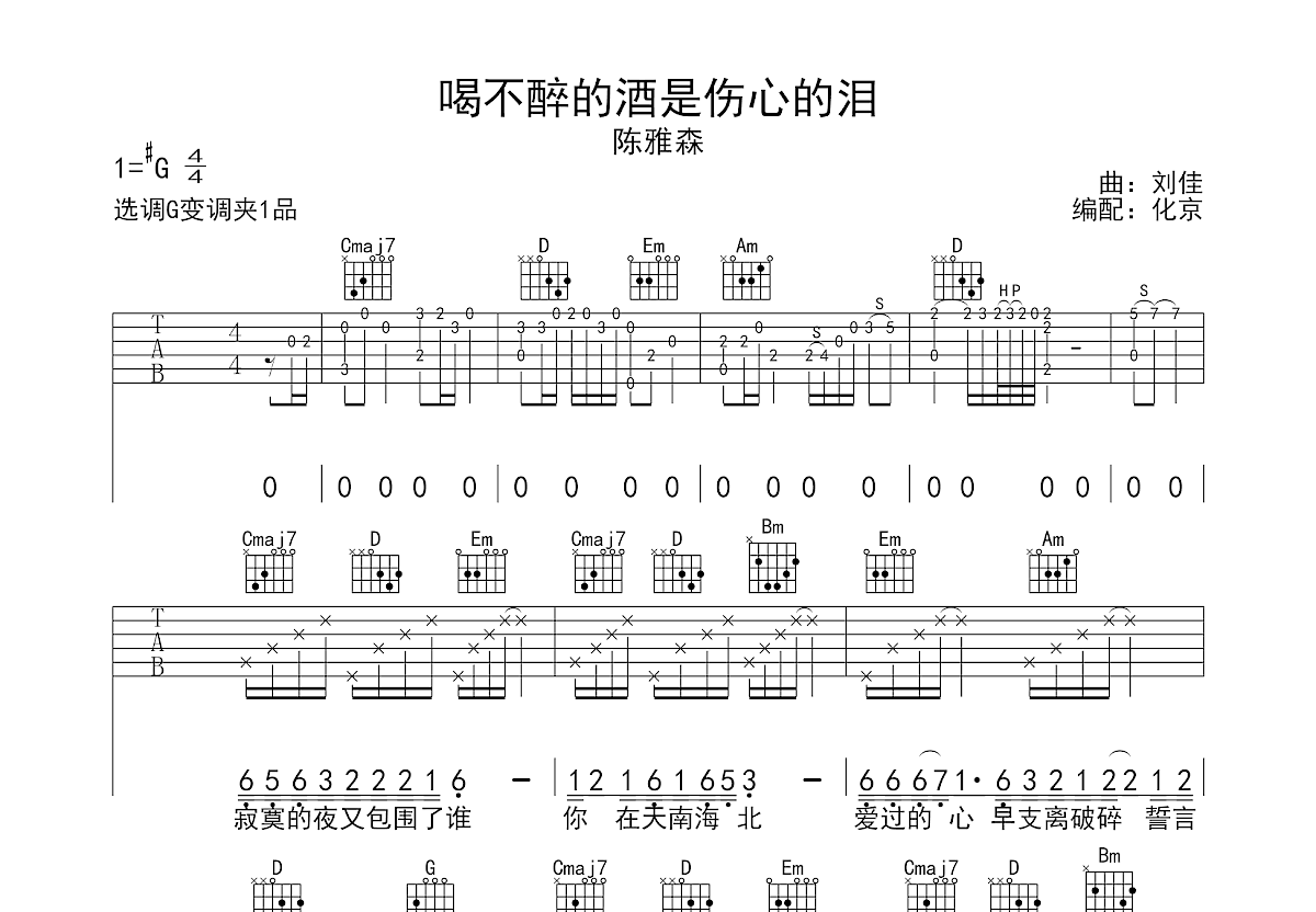 喝不醉的酒是伤心的泪吉他谱预览图