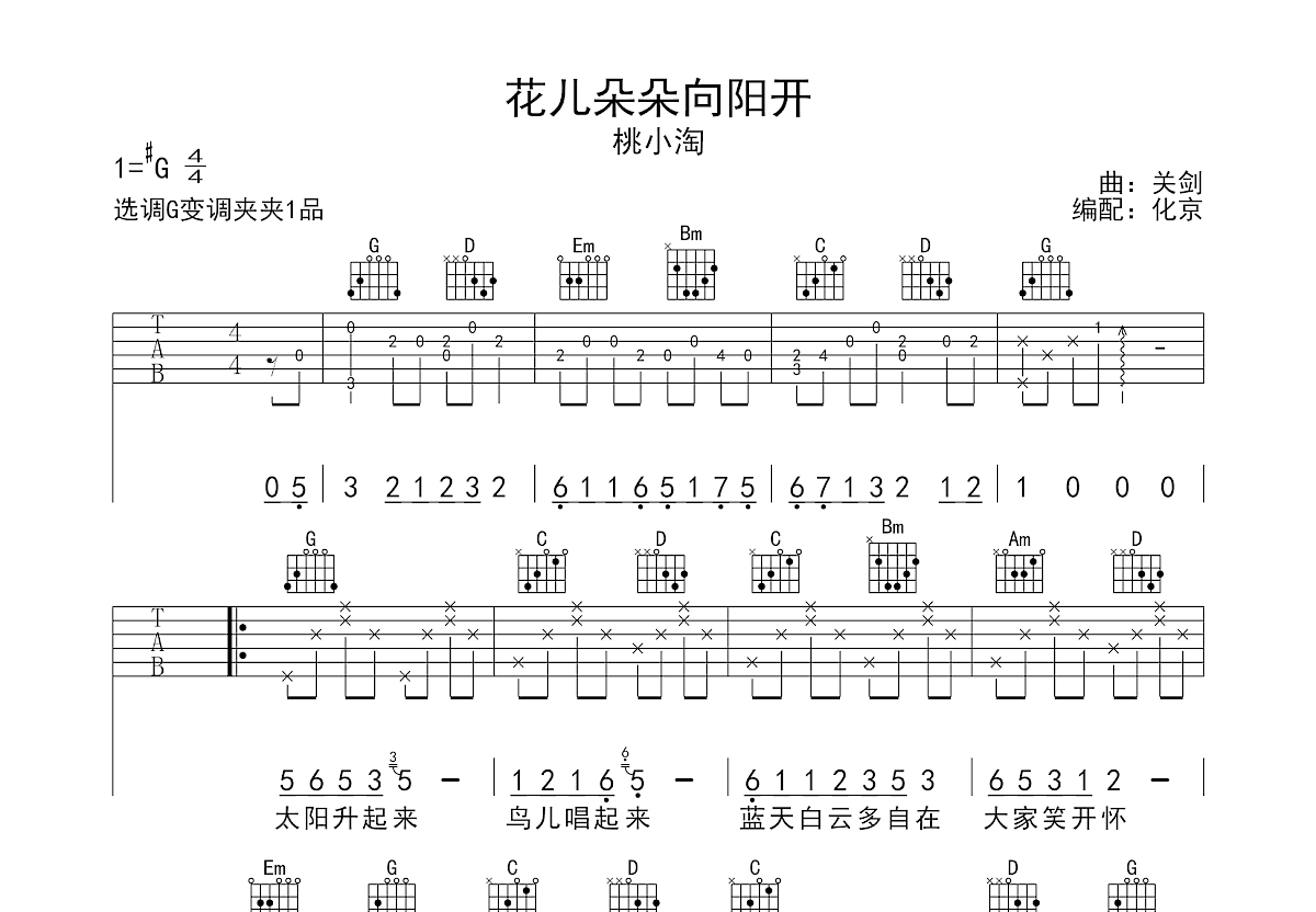 花儿朵朵向阳开吉他谱_桃小淘_G调弹唱