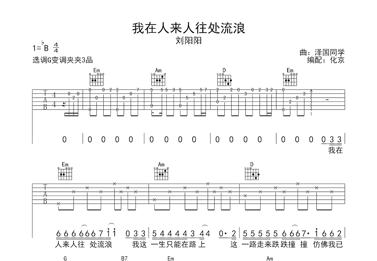 我在人来人往处流浪吉他谱_刘阳阳_G调弹唱