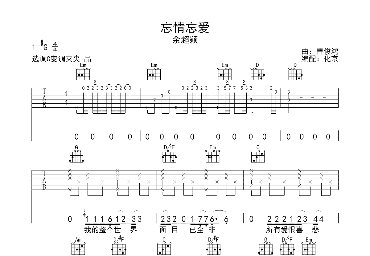 忘情忘爱吉他谱预览图