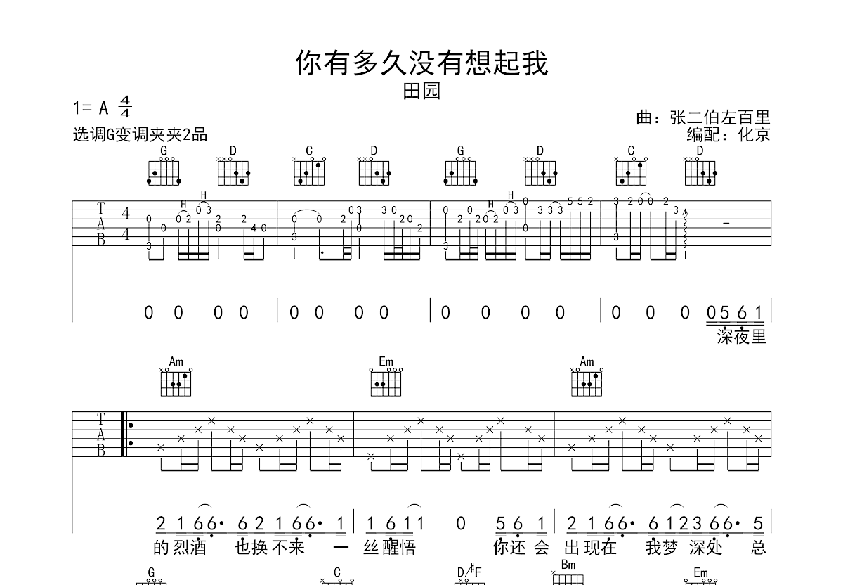 你有多久没有想起我吉他谱_田园_G调弹唱