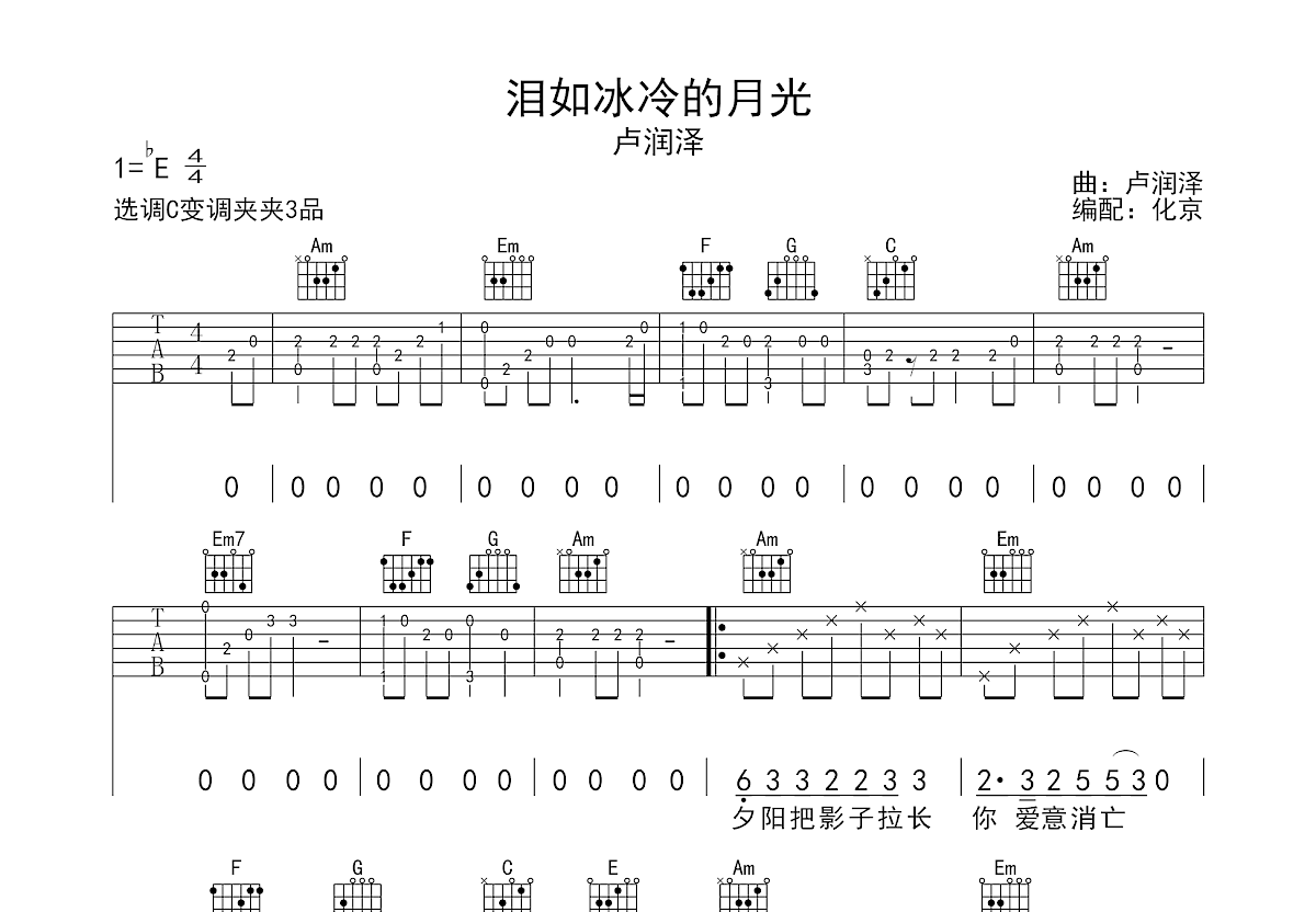 泪如冰冷的月光吉他谱_卢润泽_C调弹唱