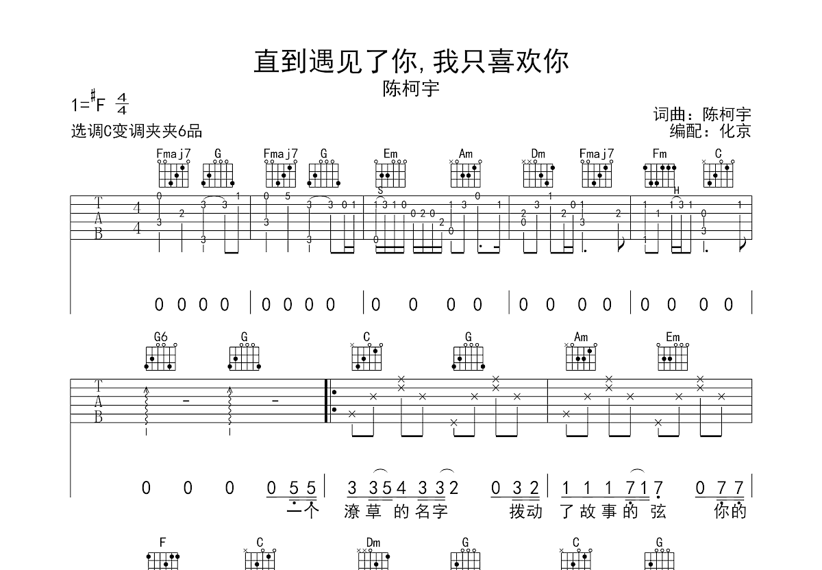 直到遇见了你，我只喜欢你吉他谱预览图