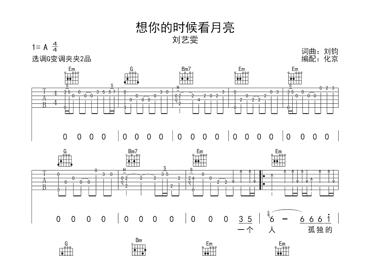 想你的时候看月亮吉他谱预览图