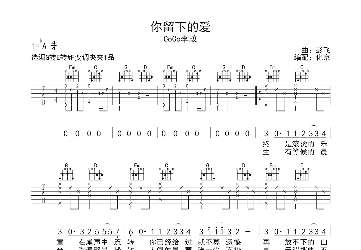 你留下的爱吉他谱预览图