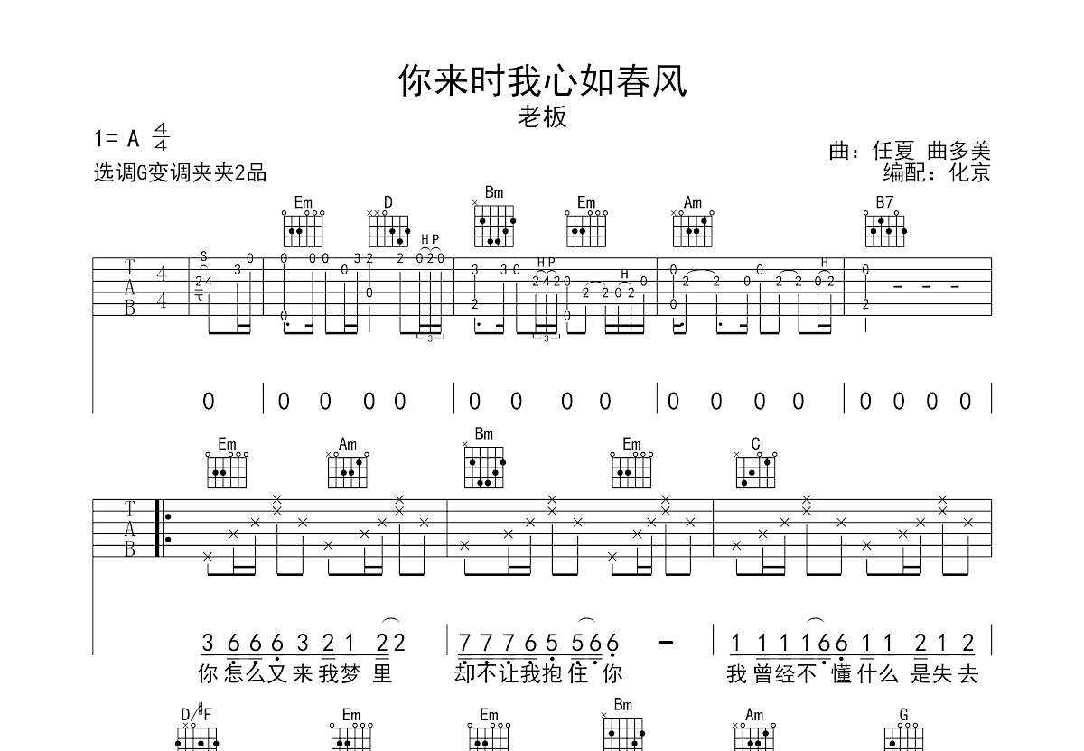 你来时我心如春风吉他谱预览图