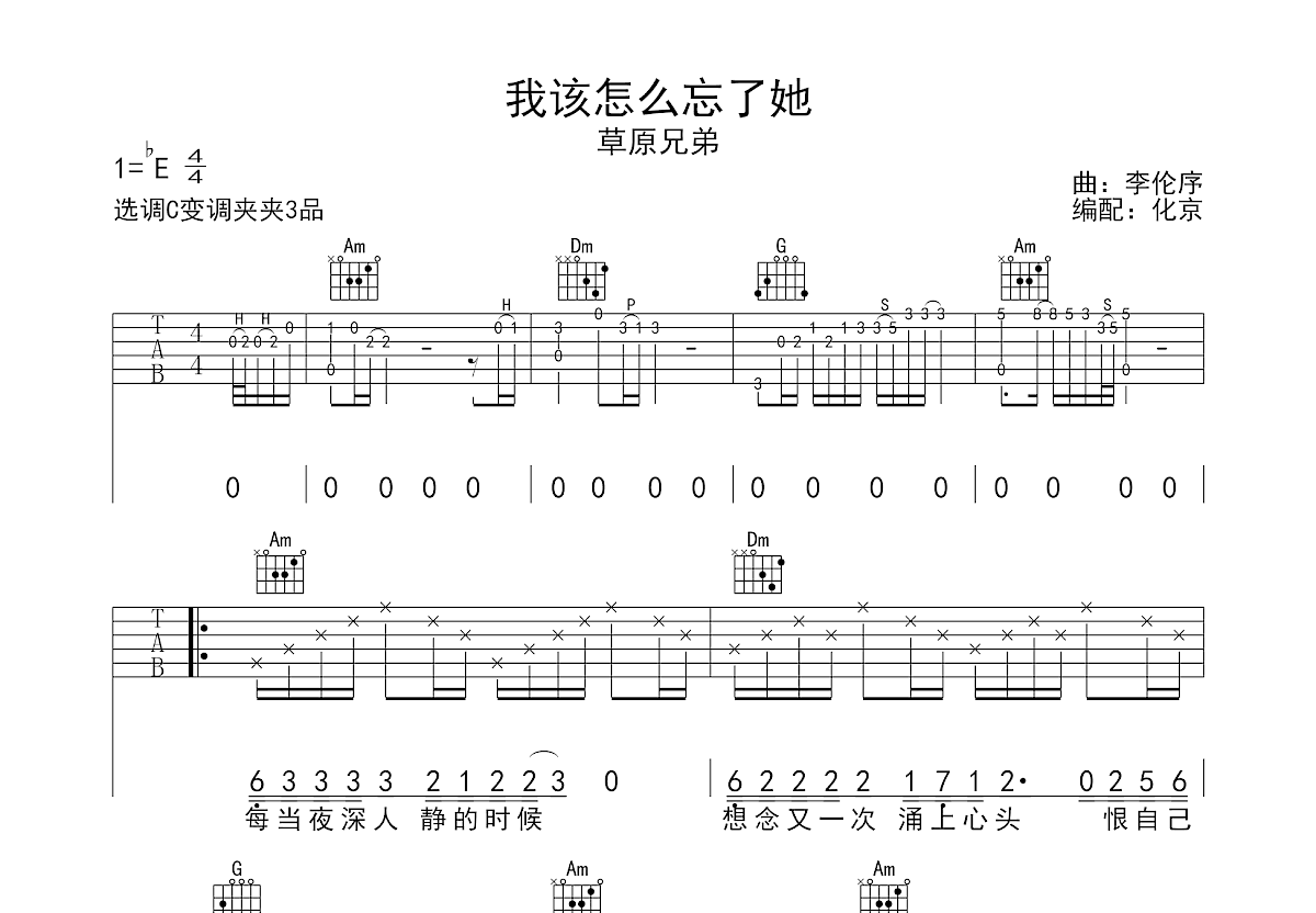 我该怎么忘了她吉他谱_草原兄弟_C调弹唱
