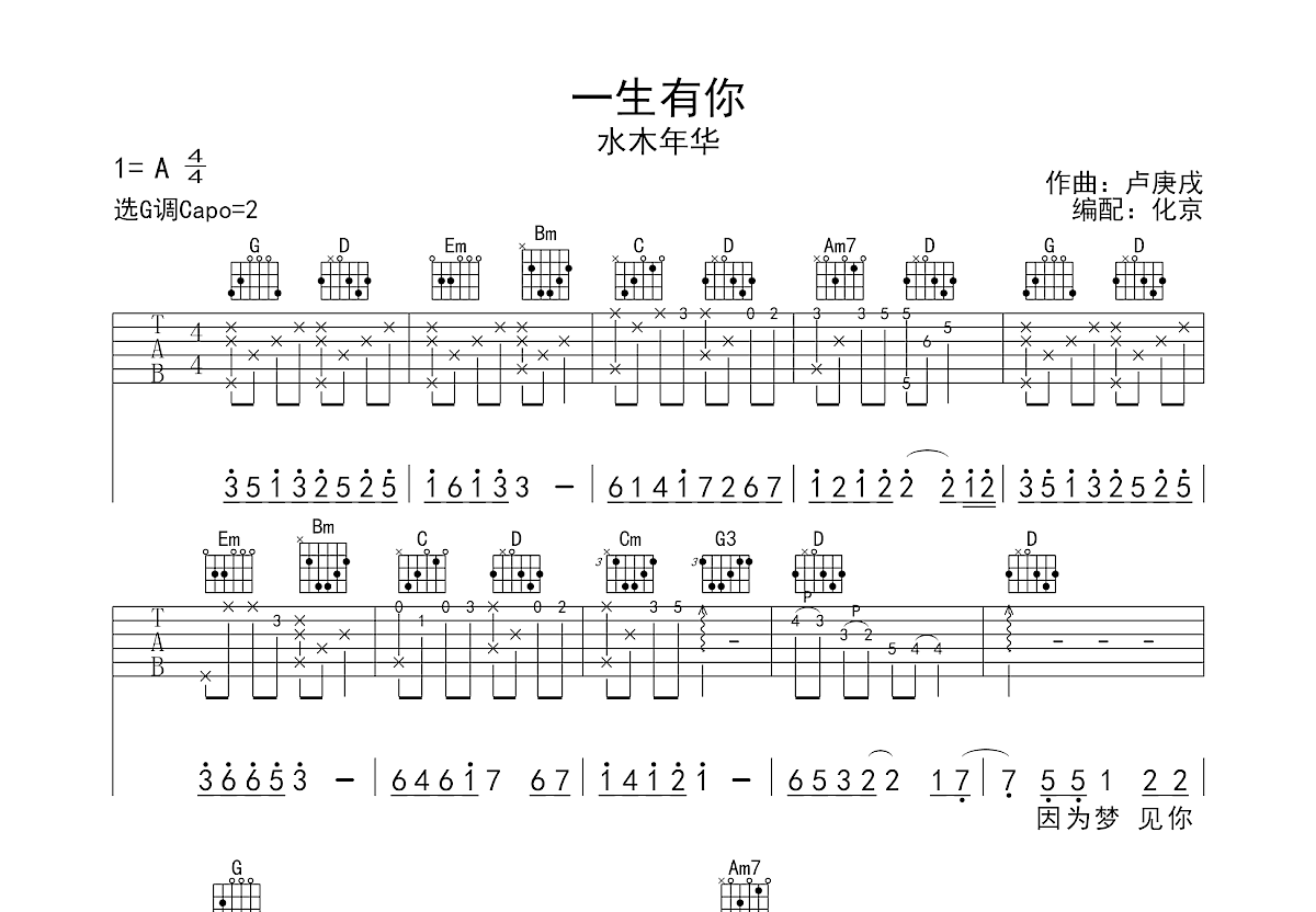 一生有你吉他谱预览图