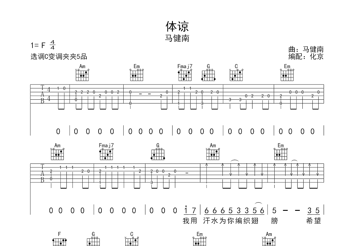体谅吉他谱_马健南_C调弹唱