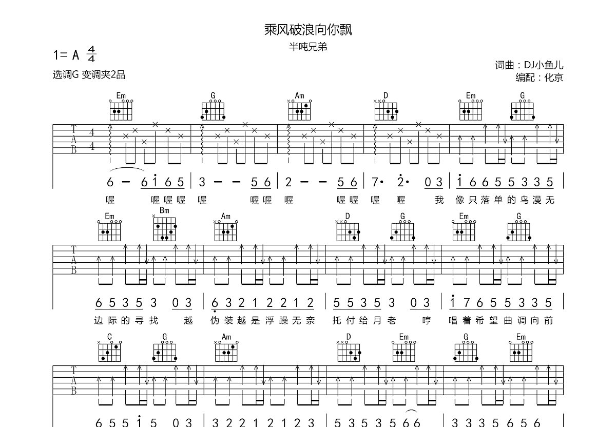 乘风破浪向你飘吉他谱预览图