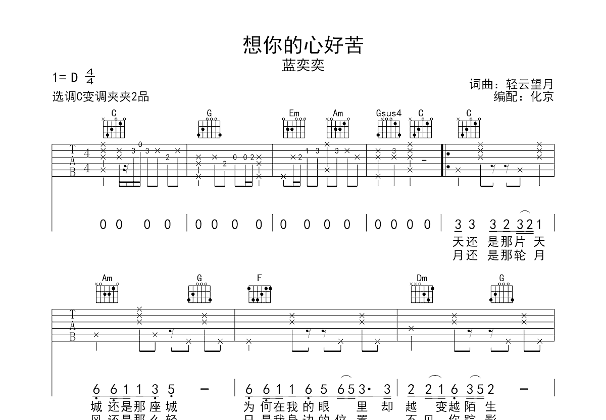 想你的心好苦吉他谱预览图