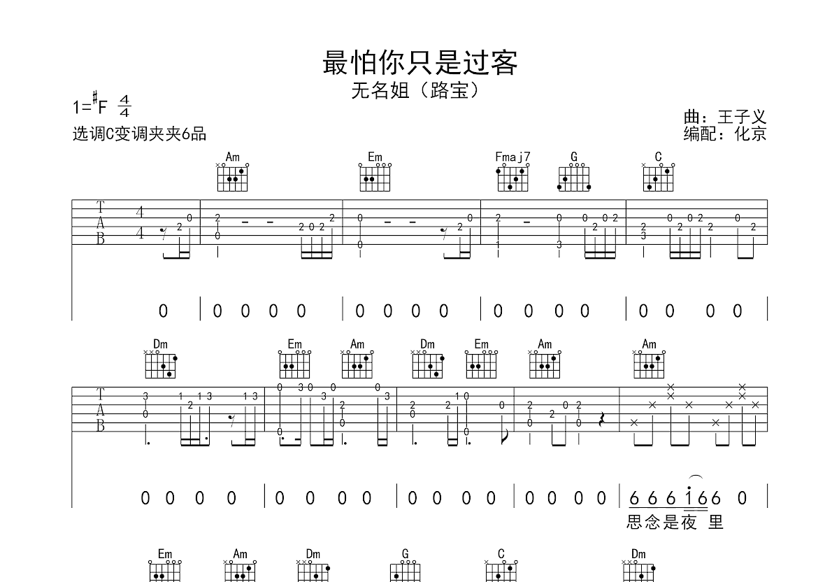 最怕你只是过客吉他谱_无名姐（路宝）_C调弹唱