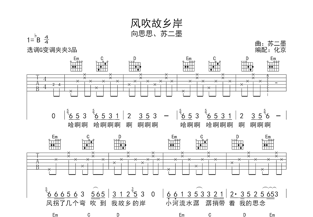 风吹故乡岸吉他谱预览图