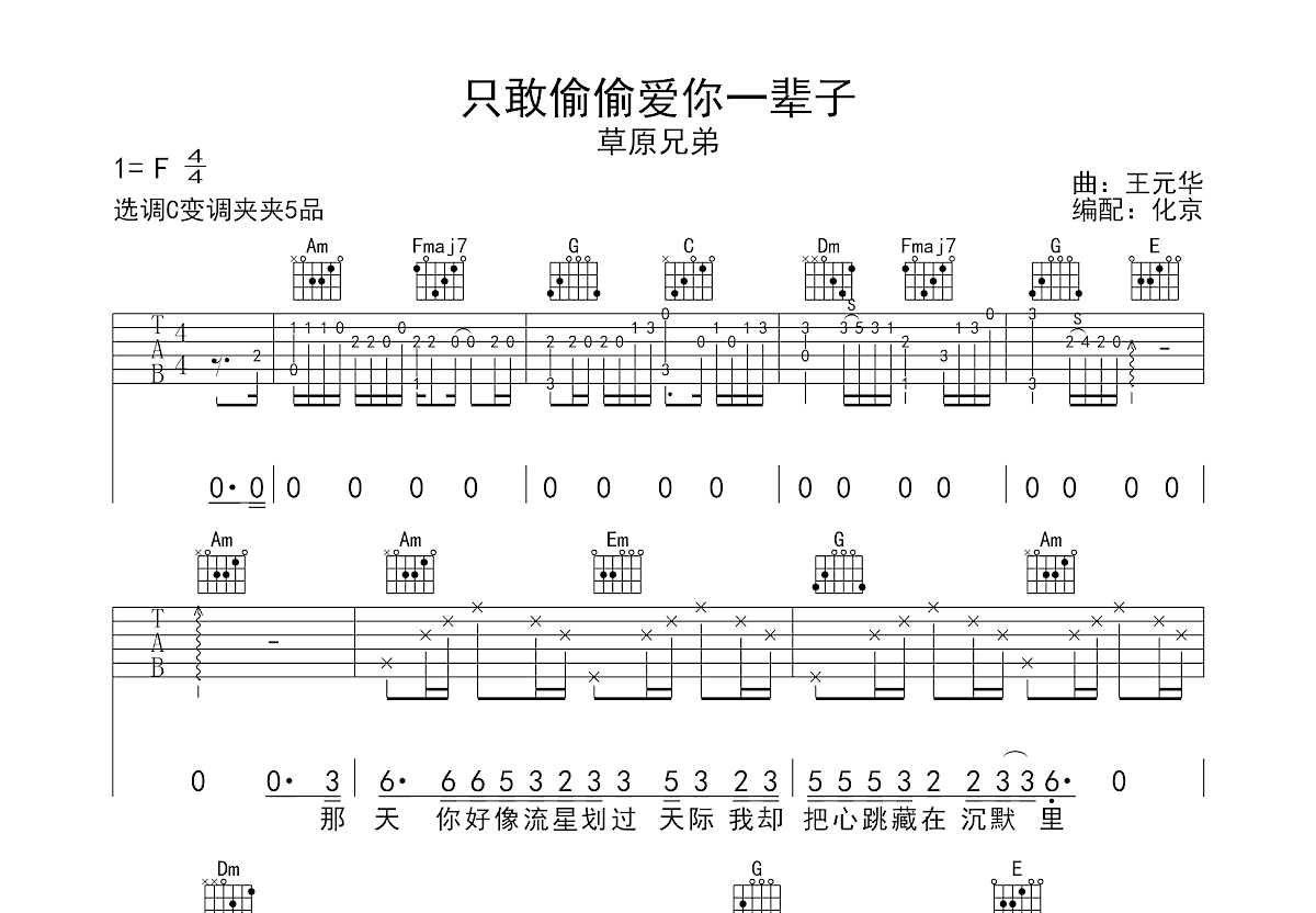 只敢偷偷爱你一辈子吉他谱_草原兄弟_C调弹唱