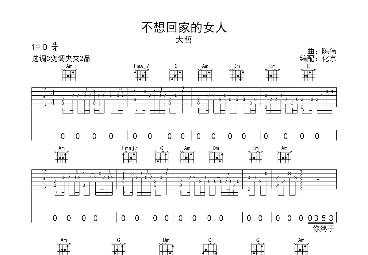 不想回家的女人吉他谱预览图