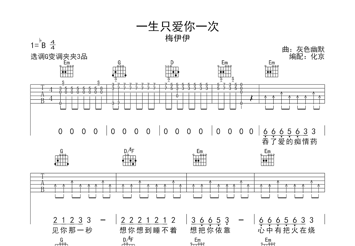 一生只爱你一次吉他谱预览图