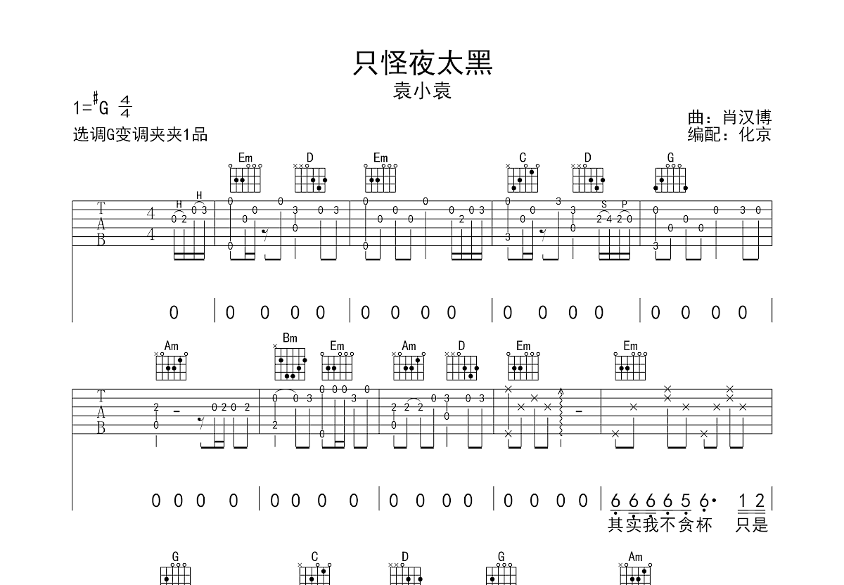 只怪夜太黑吉他谱_袁小袁_G调弹唱