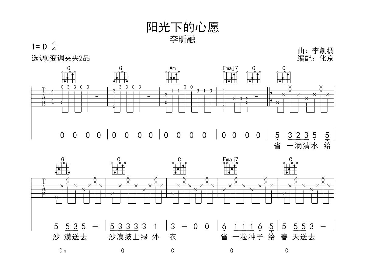 阳光下的心愿吉他谱预览图