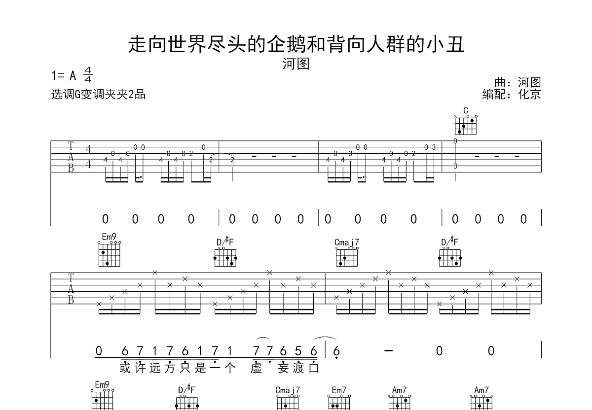 走向世界尽头的企鹅和背向人群的小丑吉他谱预览图