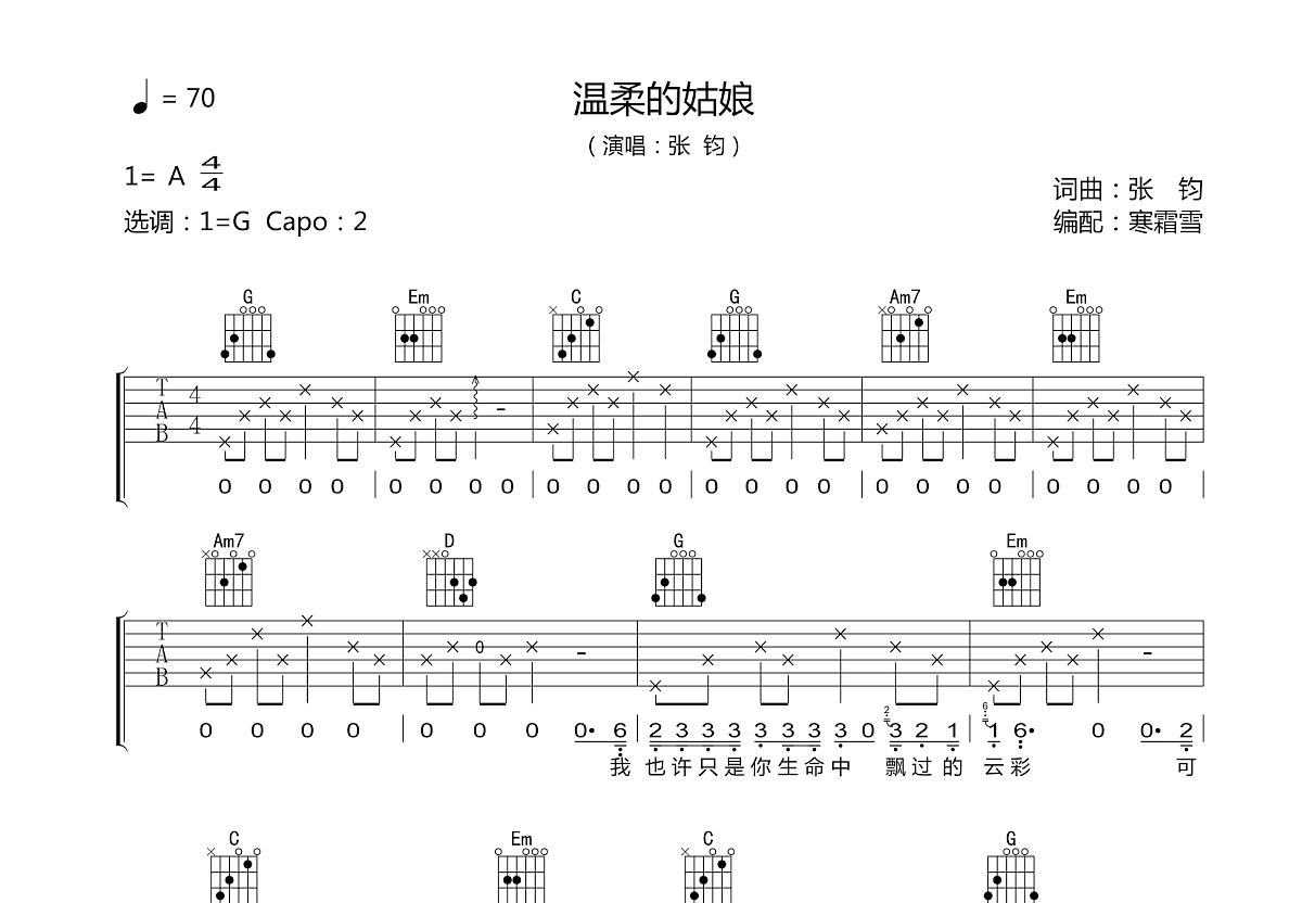 温柔的姑娘吉他谱预览图