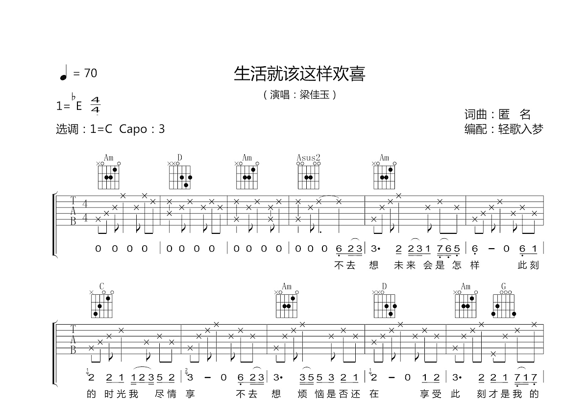 生活就该这样欢喜吉他谱_梁佳玉_C调弹唱