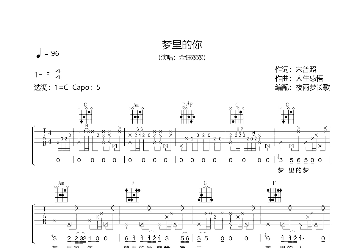 梦里的你吉他谱_金钰双双_C调弹唱