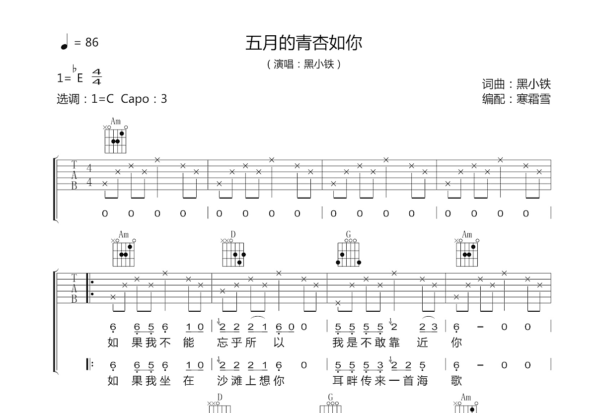 五月的青杏如你吉他谱_黑小铁_C调弹唱
