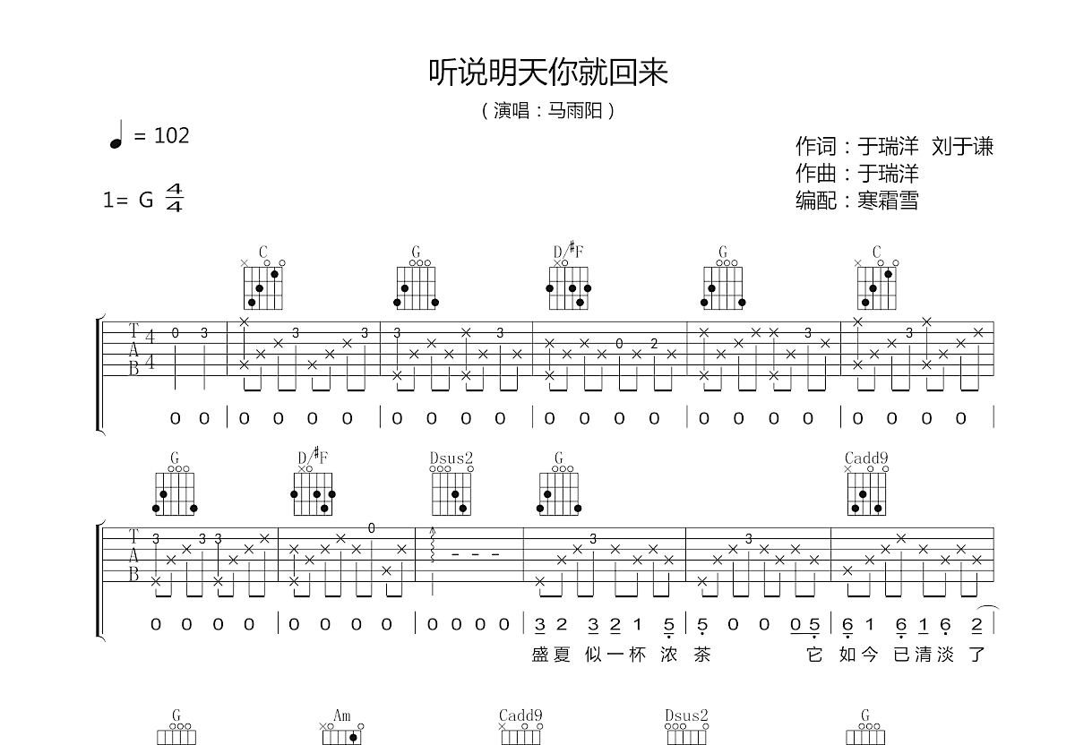 听说明天你就回来吉他谱预览图