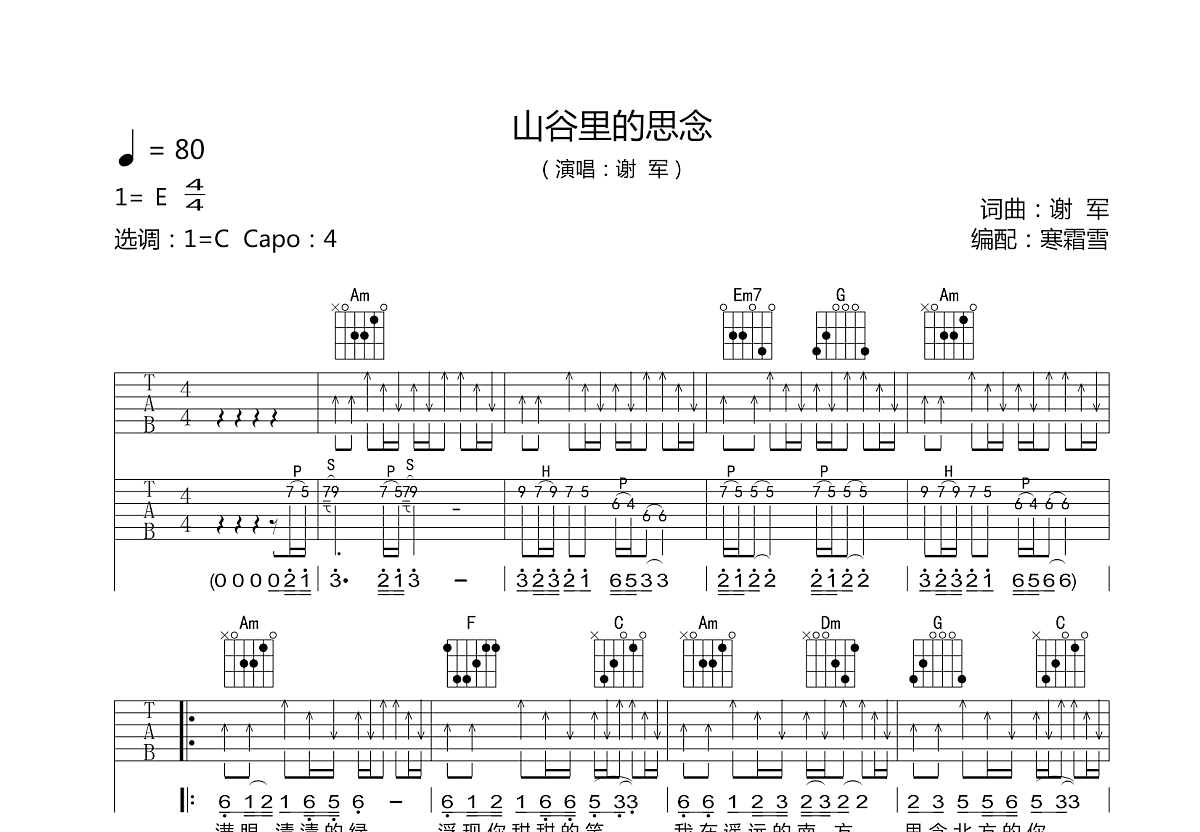 山谷里的思念吉他谱预览图