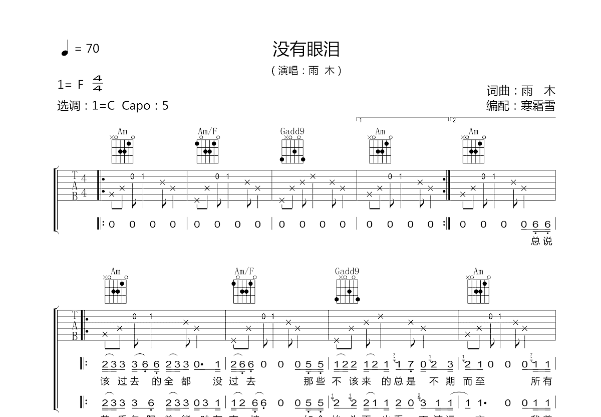 没有眼泪吉他谱预览图