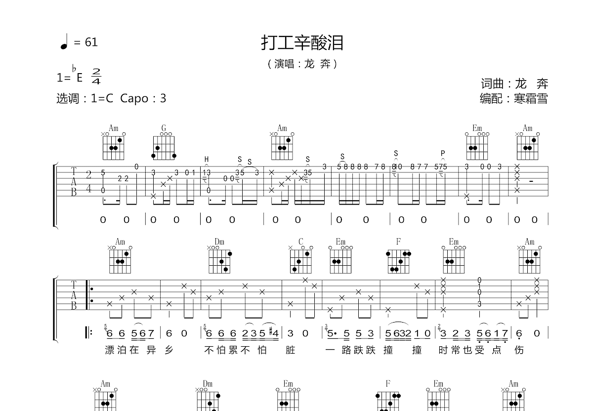 打工辛酸泪吉他谱预览图
