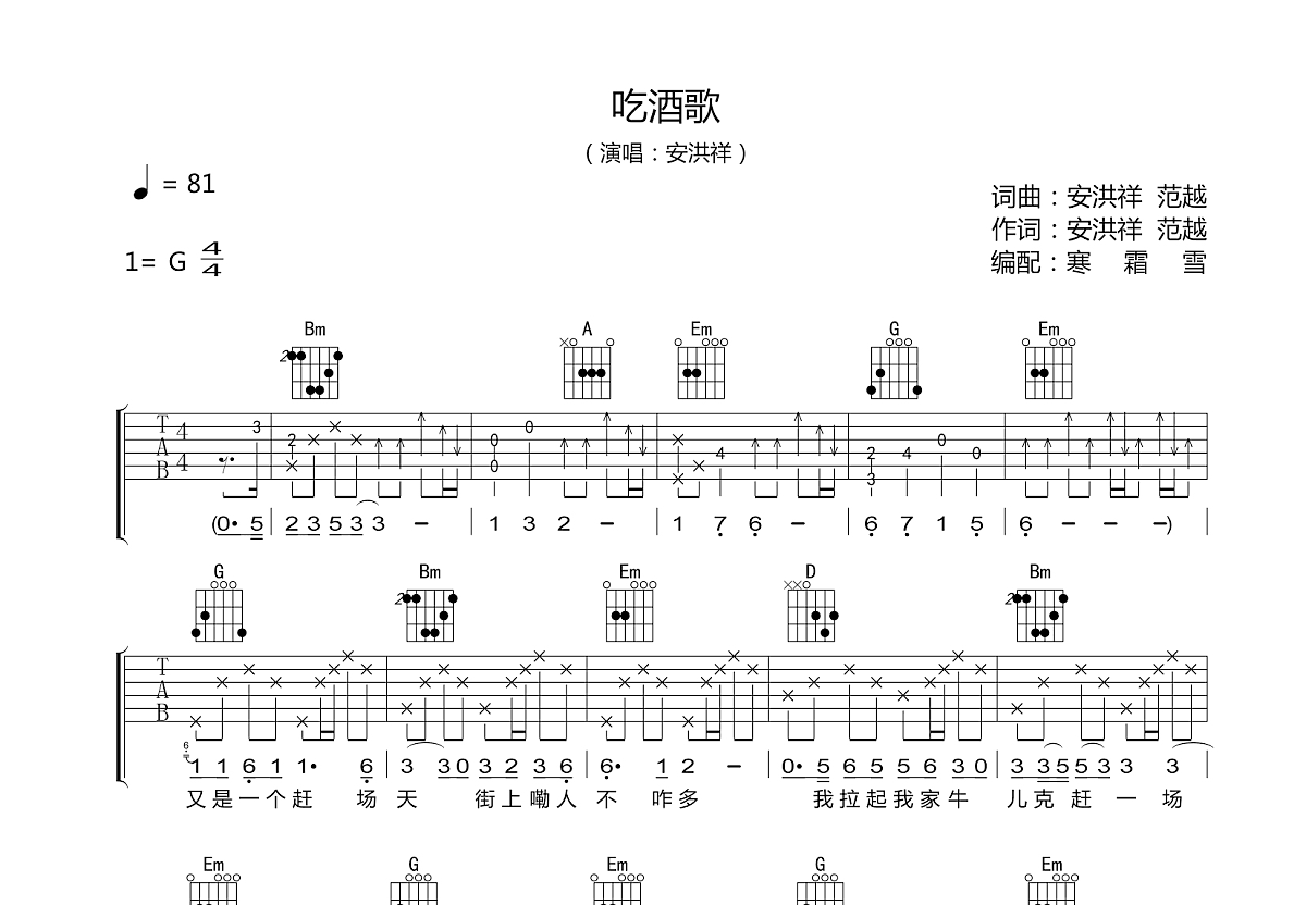 吃酒歌吉他谱预览图